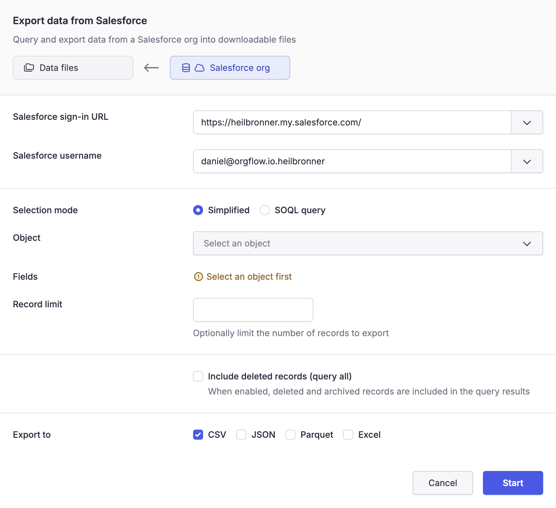 Screenshot showing the data export dialog in OrgFlow Web
