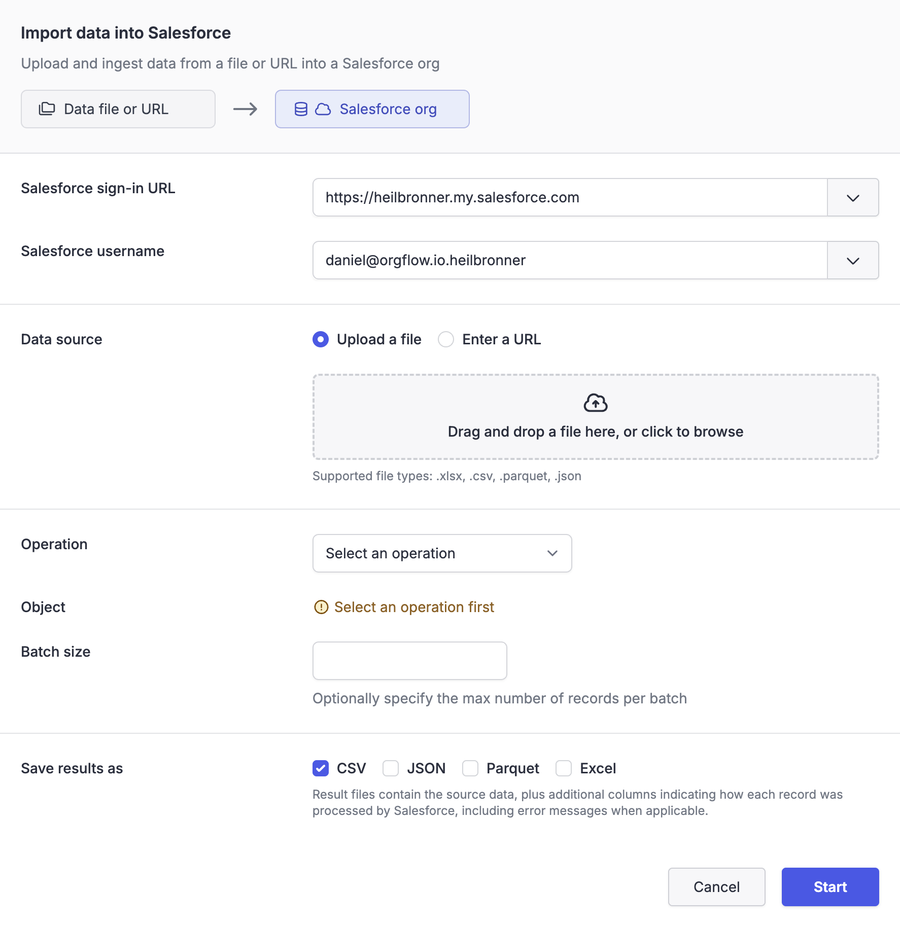 Screenshot showing the data import dialog in OrgFlow Web