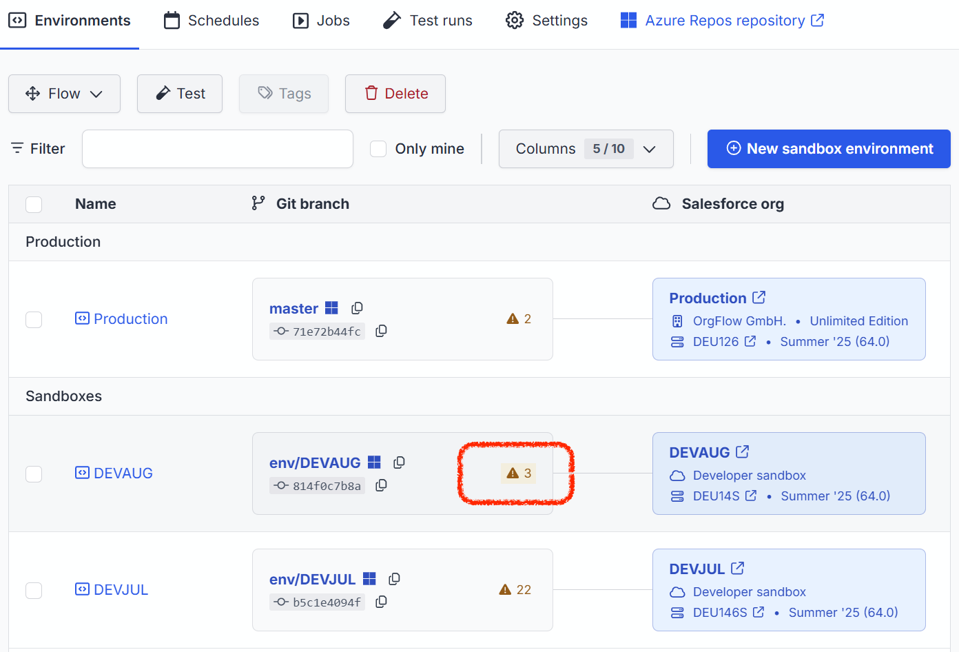 Screenshot showing OrgFlow's environment list page