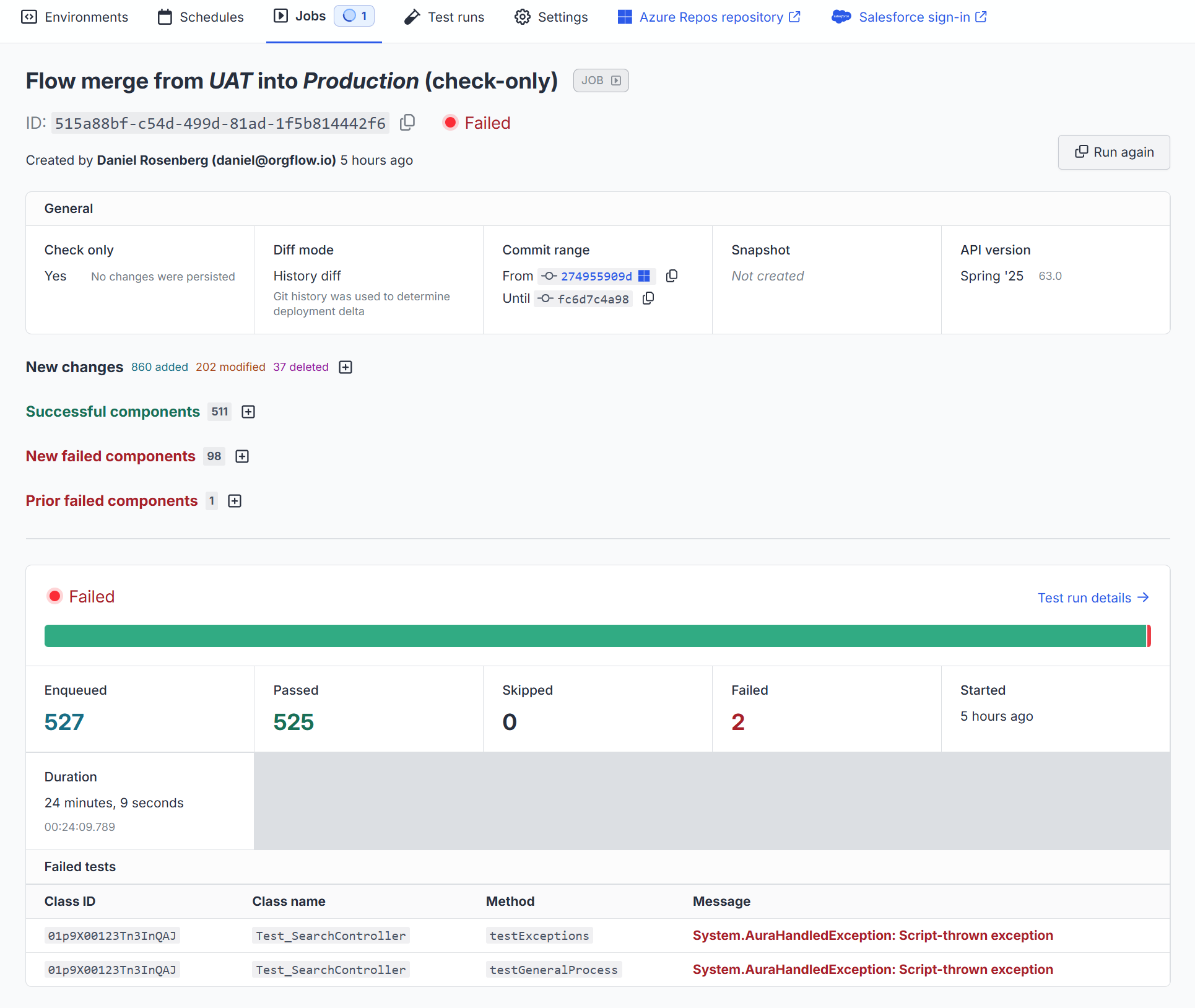 A flow merge job details page that includes an Apex test run summary