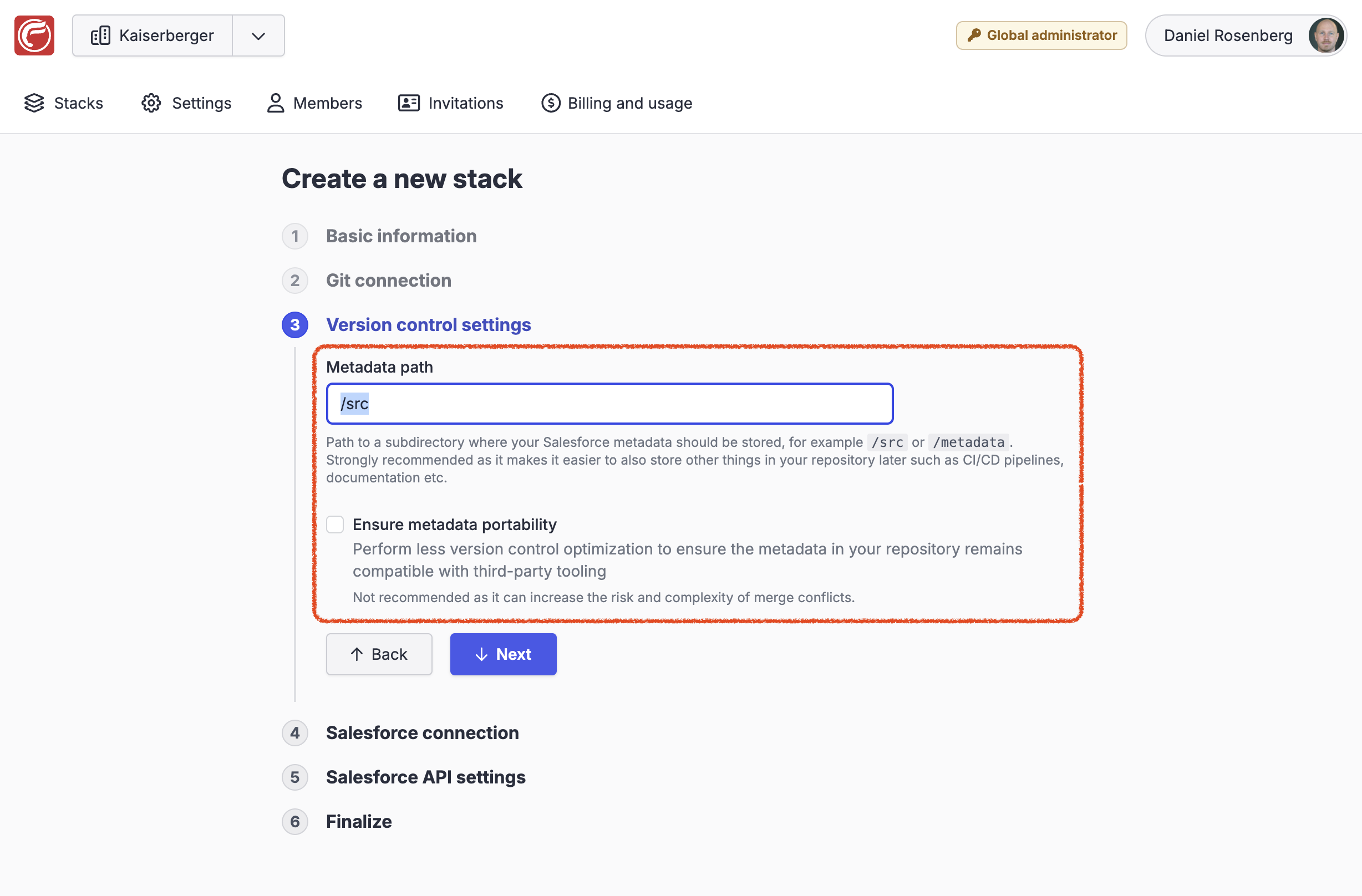 Screenshot showing version control settings when creating a new stack