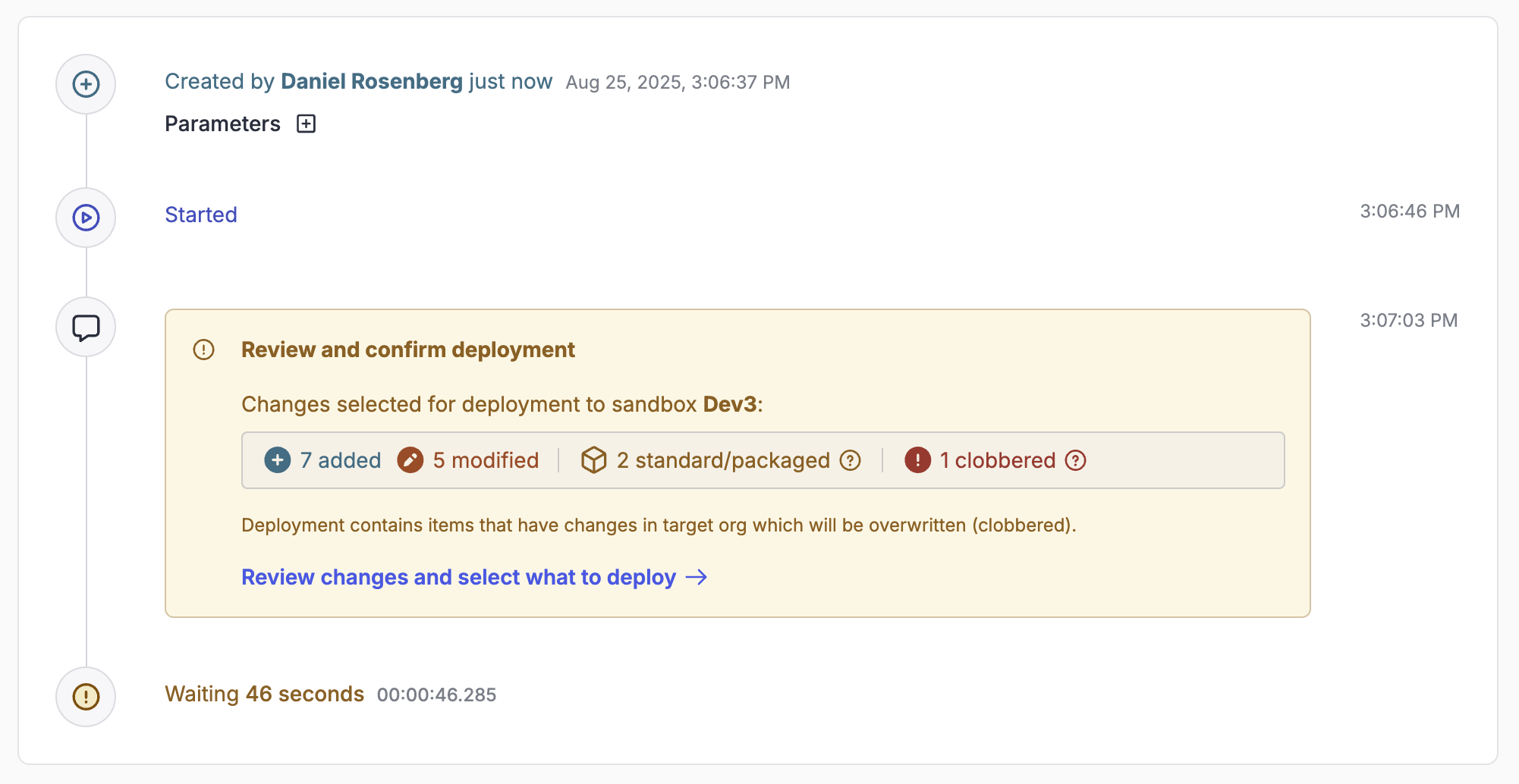 Screenshot showing the 'review and confirm deployment' inquiry on the job timeline