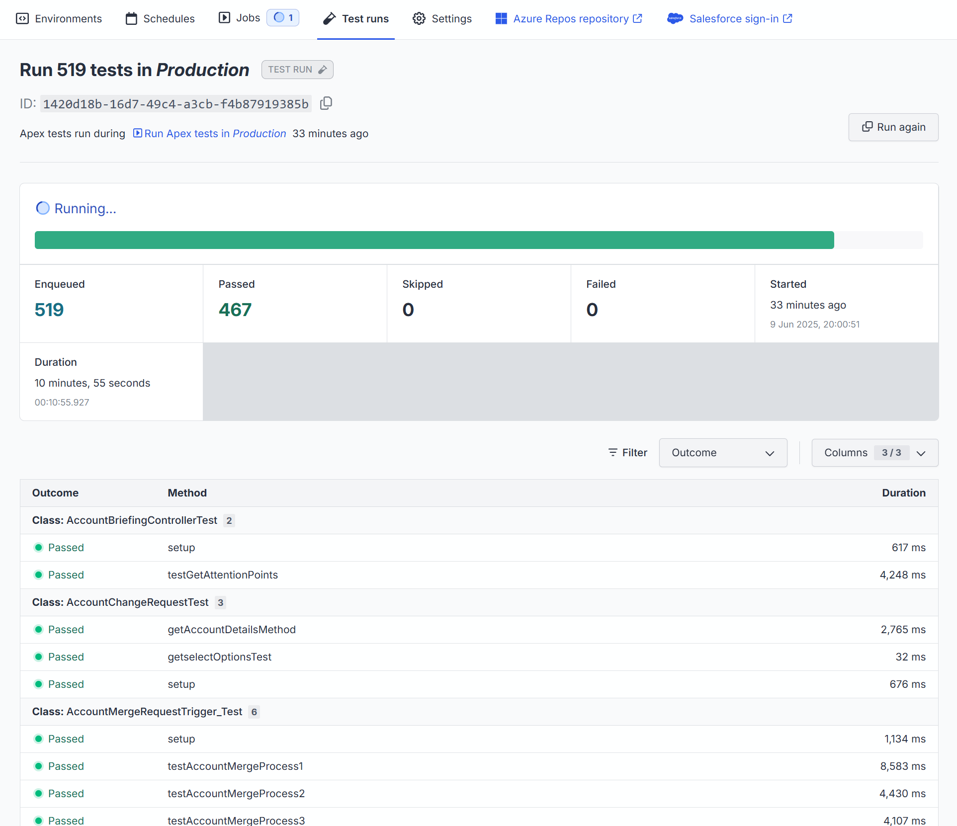 A details page for a running Apex test run