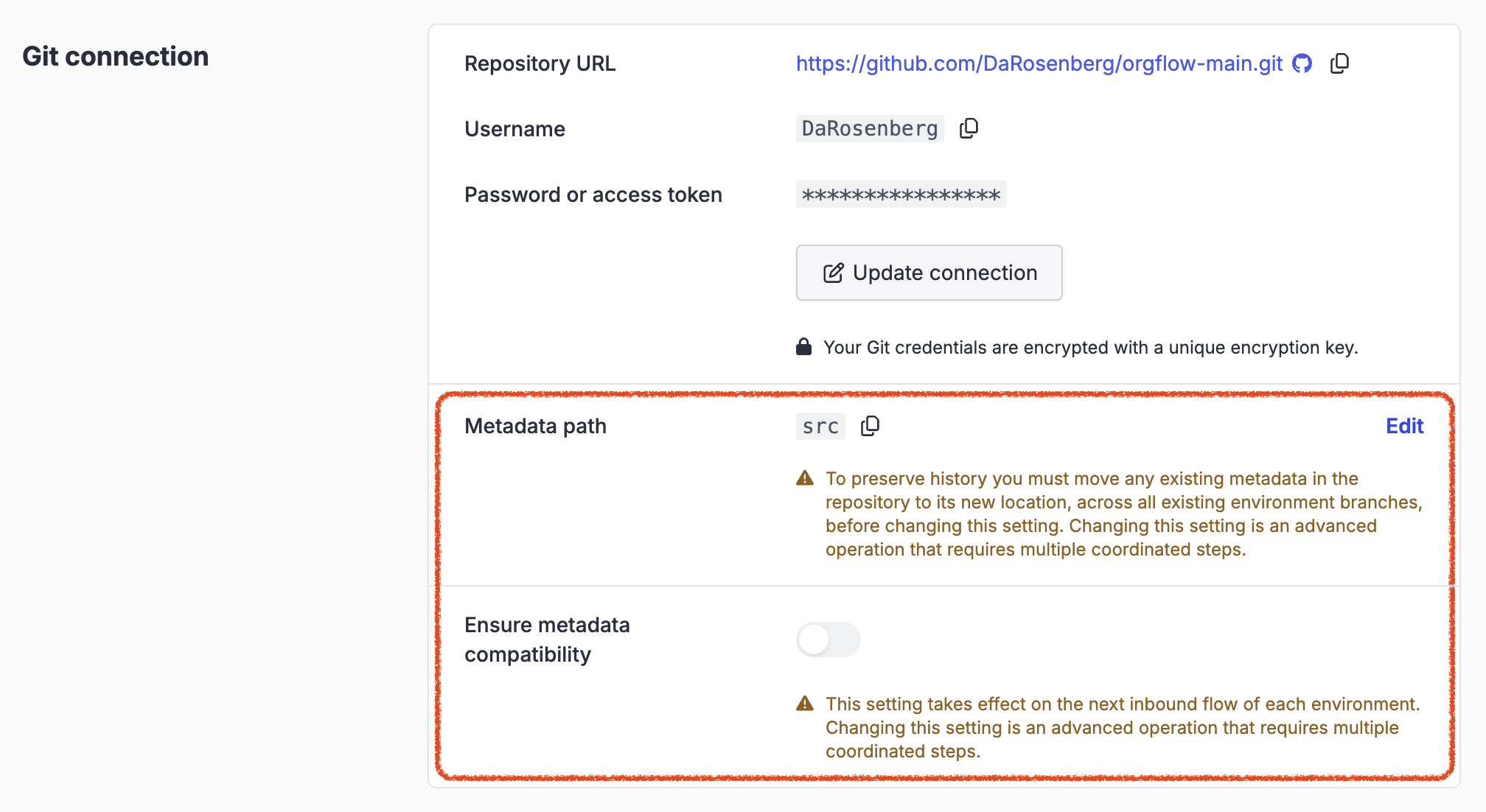 Screenshot showing version control settings on an existing stack