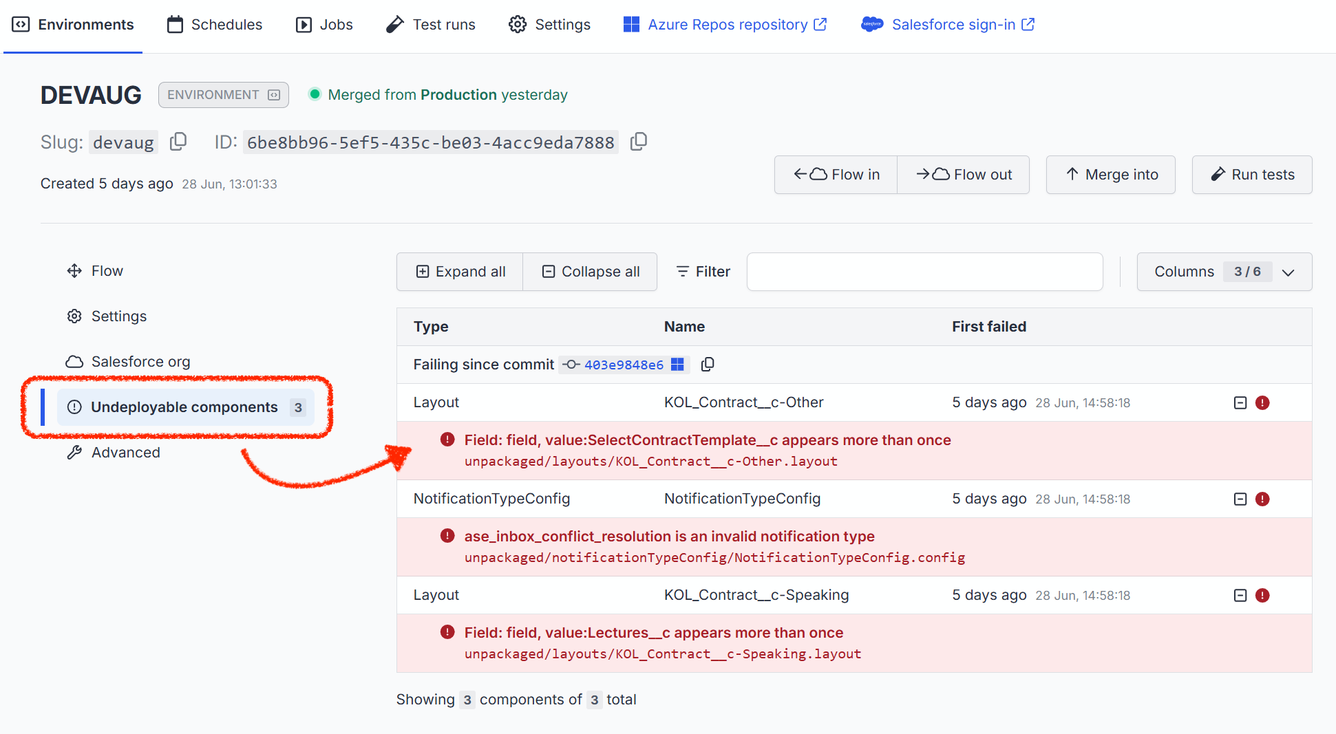 Screenshot showing an example of undeployable component details for an OrgFlow environment